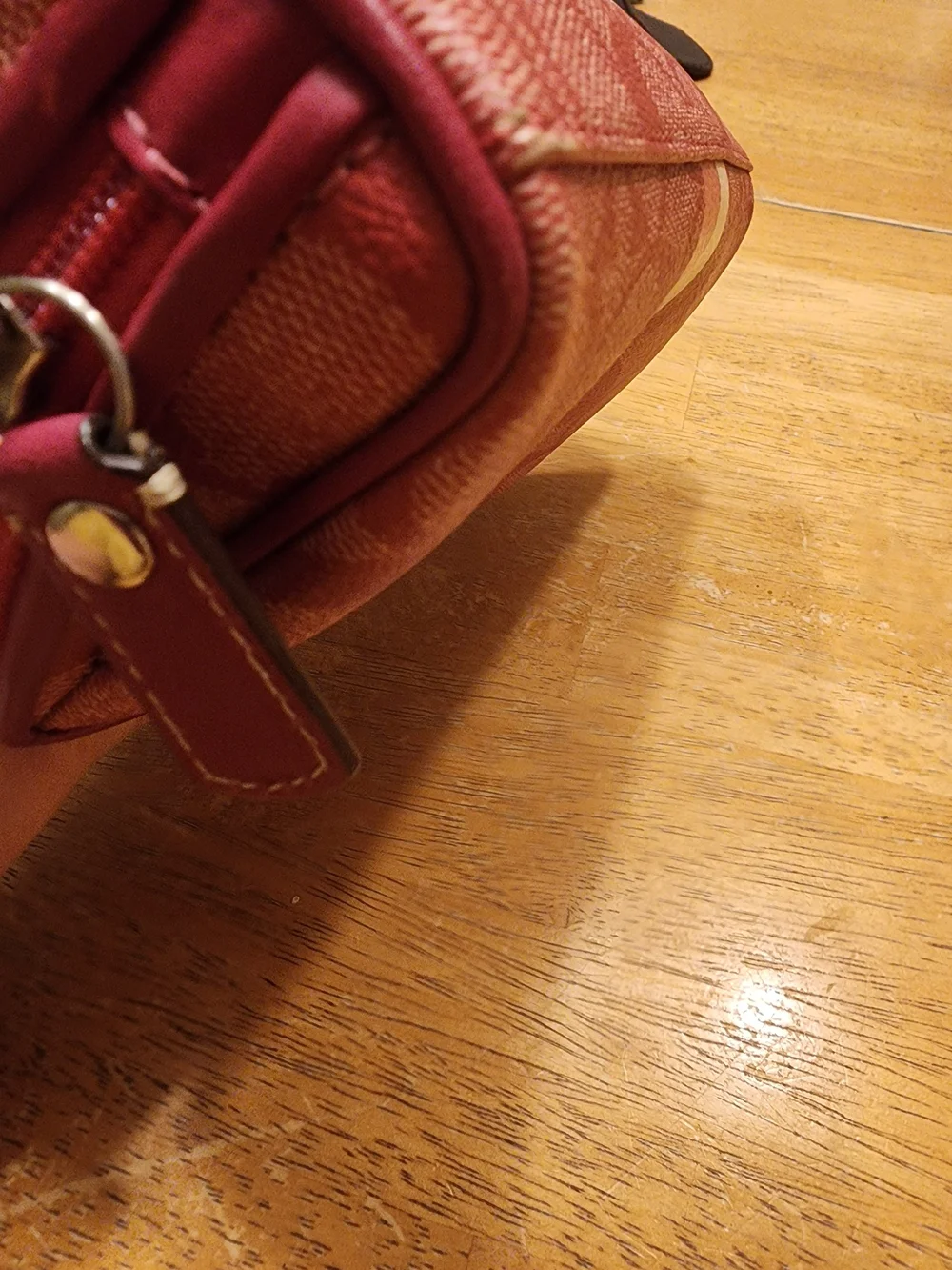 Coach Red Signature Stripe Cosmetic Pouch with Cream & Pink Center Stripe